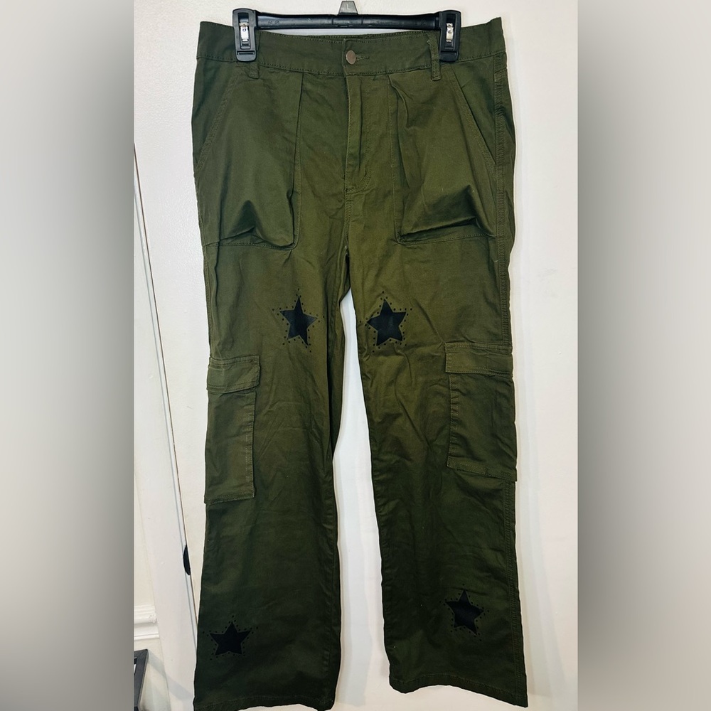 PTCL Ethical Clothing Womens Wide Leg Baggy Cargo Pants Green W/ Stars Size L